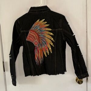 Savanna Jane dark wash distressed jean jacket embroidered Native American Size S